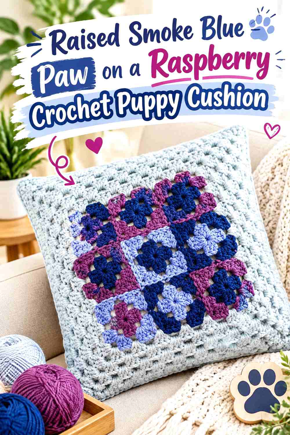 Raised Smoke Blue Paw on a Raspberry Crochet Puppy Cushion
