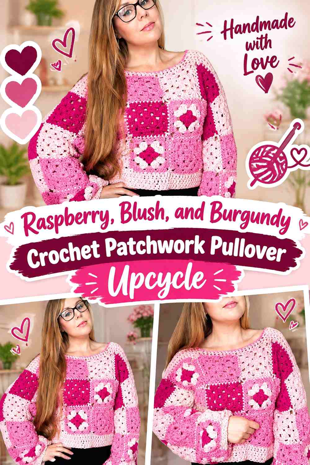 Raspberry, Blush, and Burgundy Crochet Patchwork Pullover Upcycle