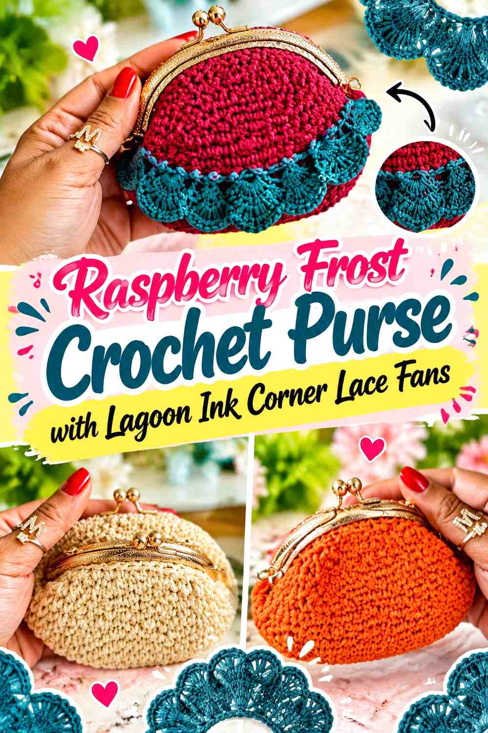 Raspberry Frost Crochet Purse with Lagoon Ink Corner Lace Fans