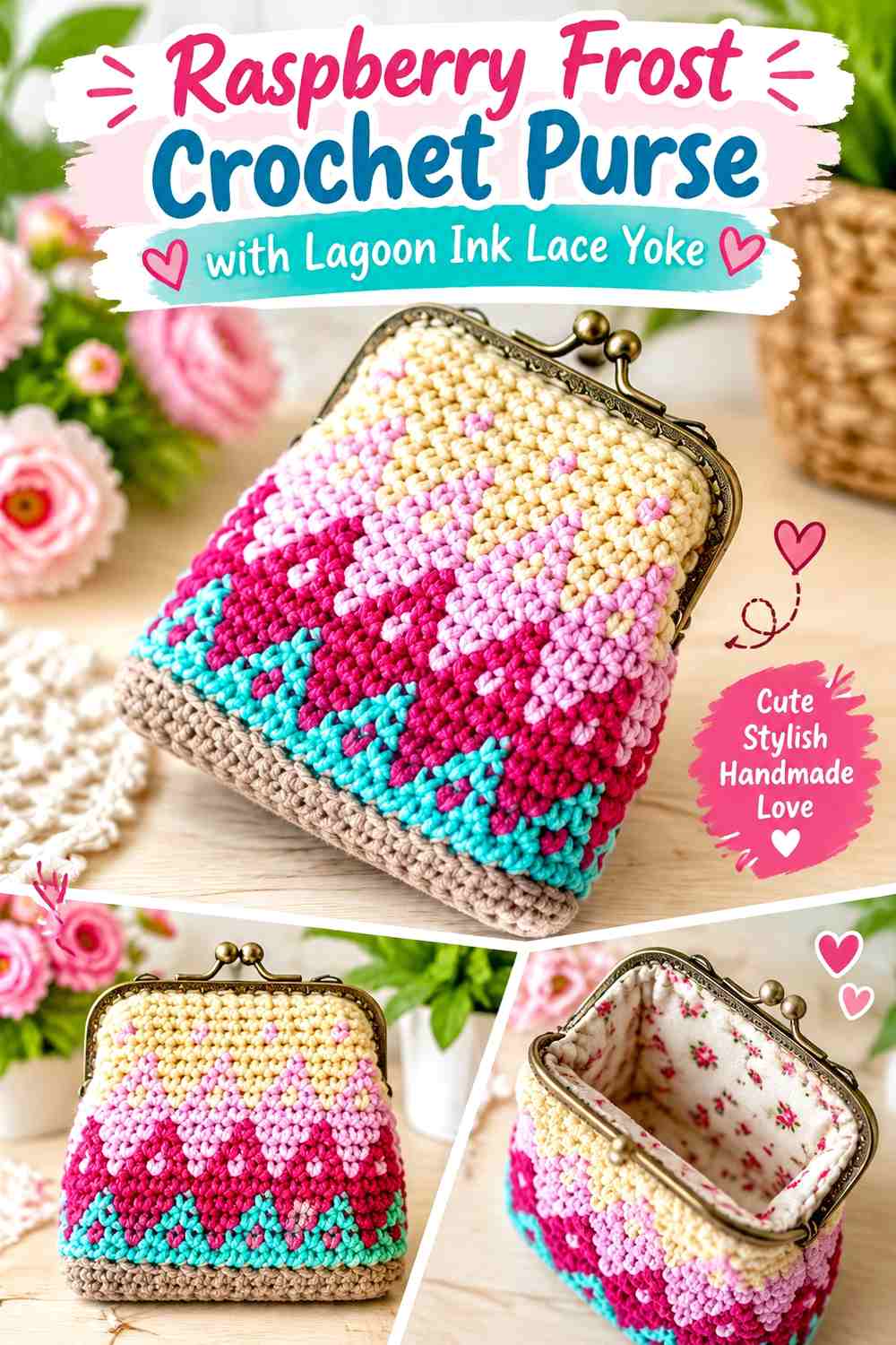 Raspberry Frost Crochet Purse with Lagoon Ink Lace Yoke