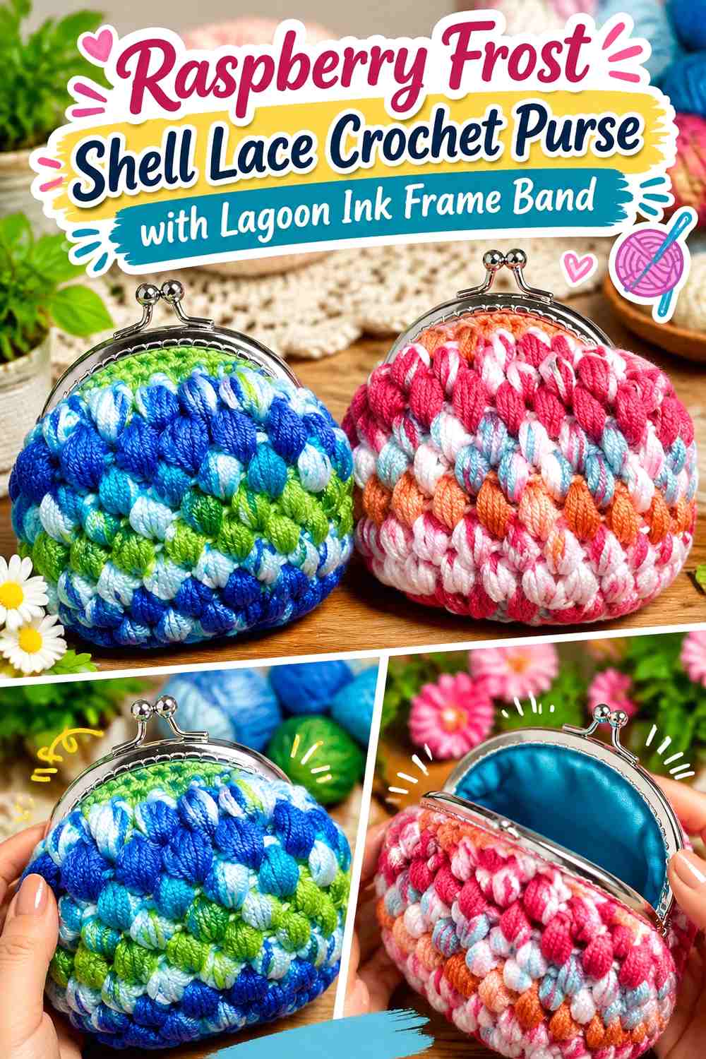 Raspberry Frost Shell Lace Crochet Purse with Lagoon Ink Frame Band