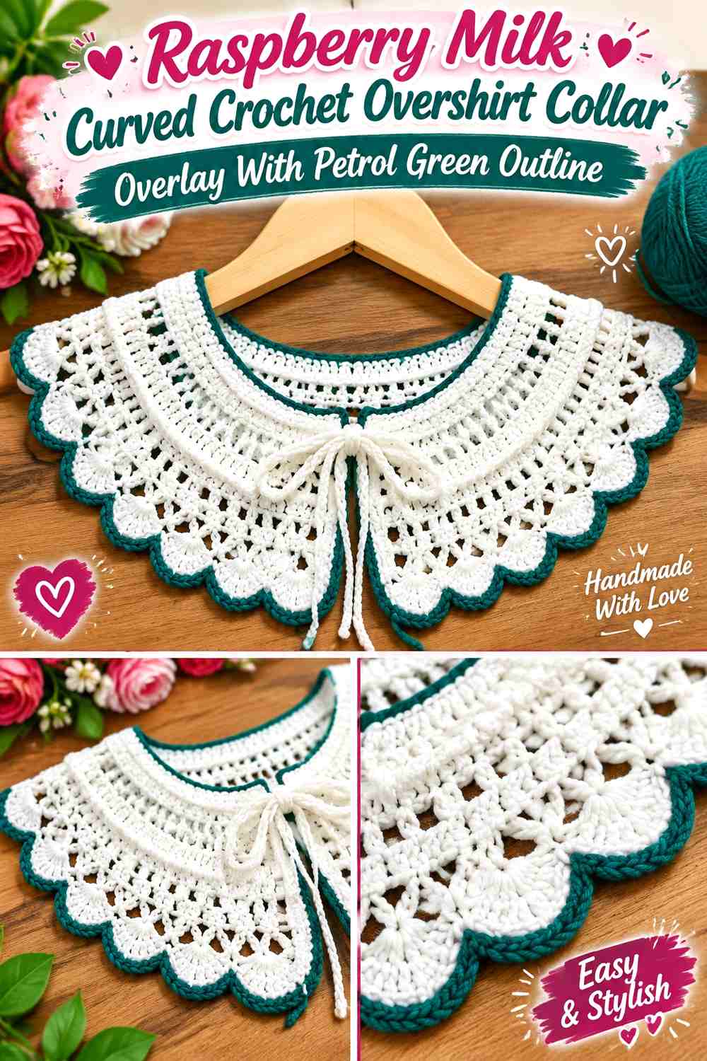 Raspberry Milk Curved Crochet Overshirt Collar Overlay With Petrol Green Outline