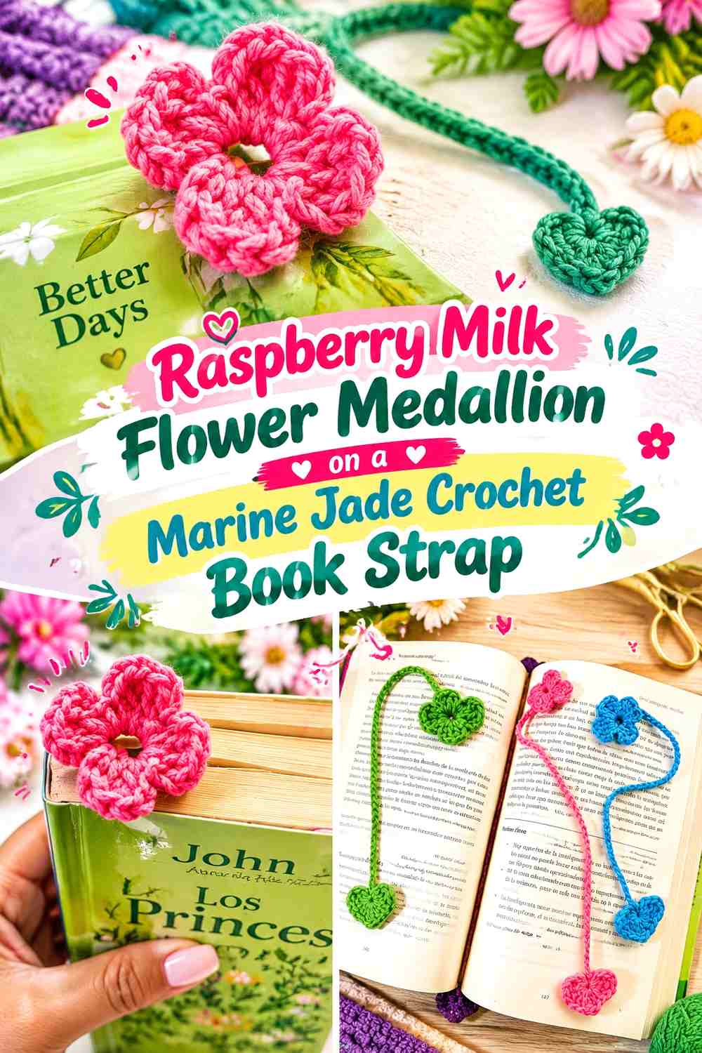 Raspberry Milk Flower Medallion on a Marine Jade Crochet Book Strap