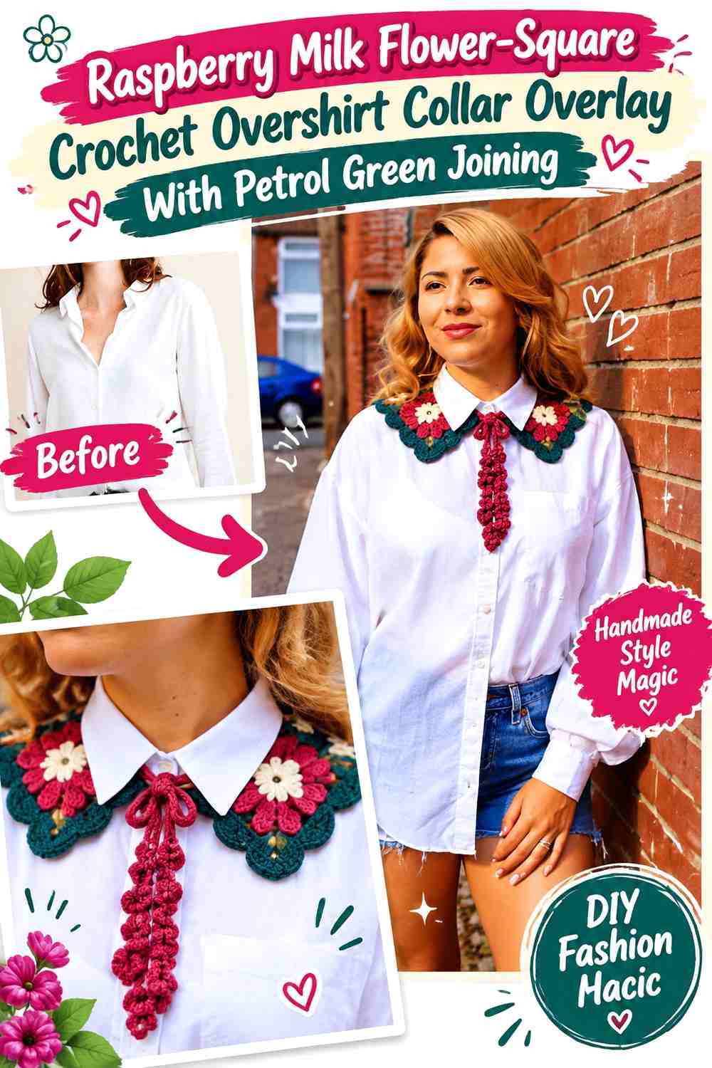 Raspberry Milk Flower-Square Crochet Overshirt Collar Overlay With Petrol Green Joining