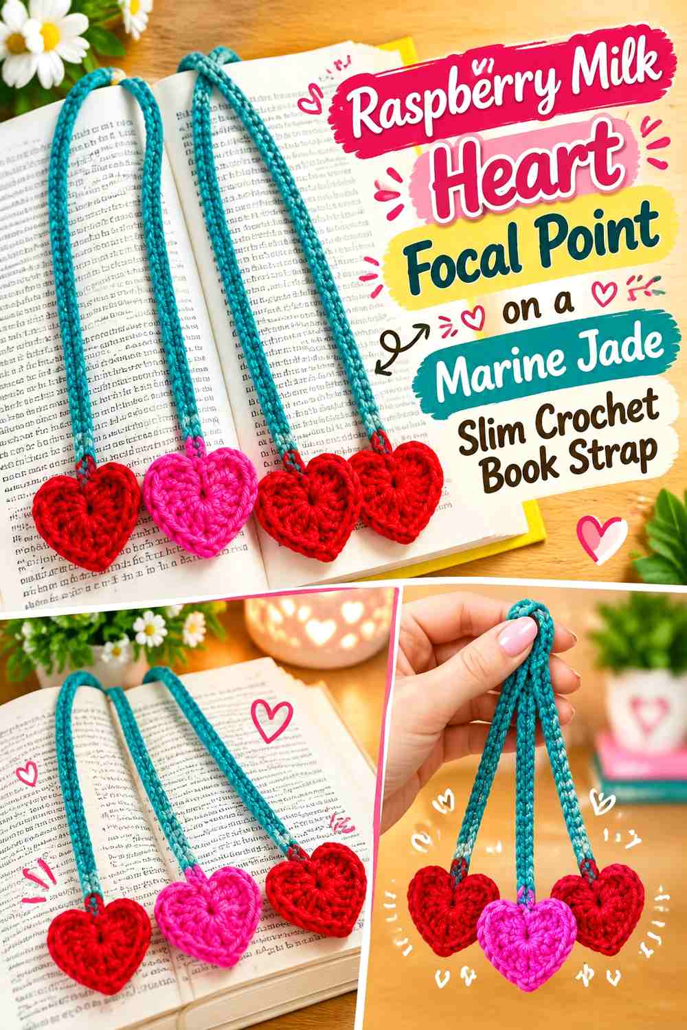 Raspberry Milk Heart Focal Point on a Marine Jade Slim Crochet Book Strap