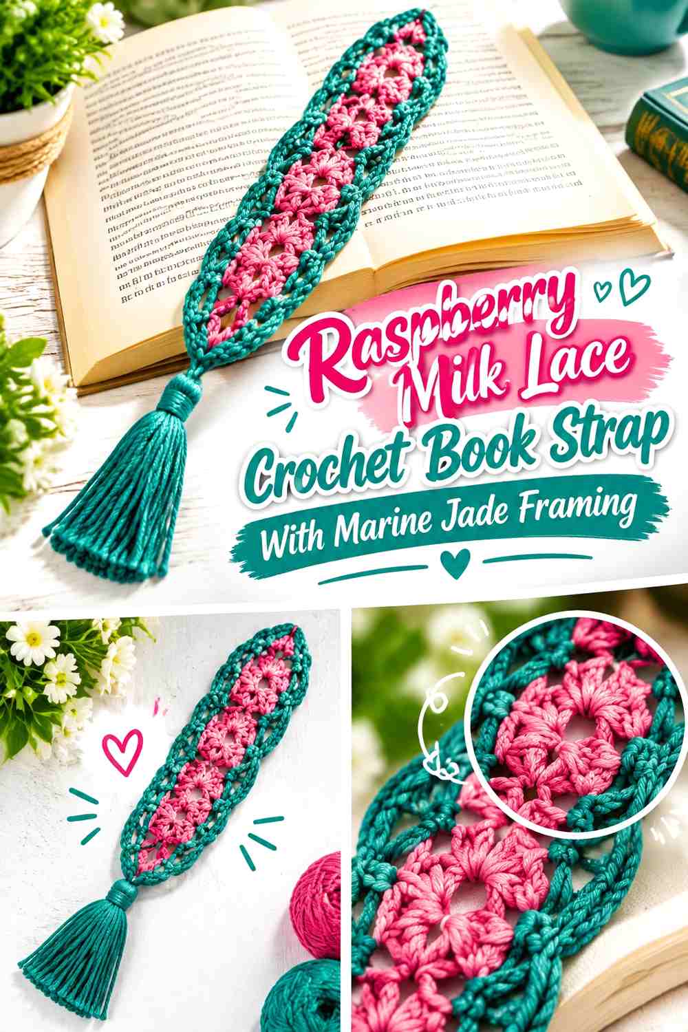 Raspberry Milk Lace Crochet Book Strap With Marine Jade Framing
