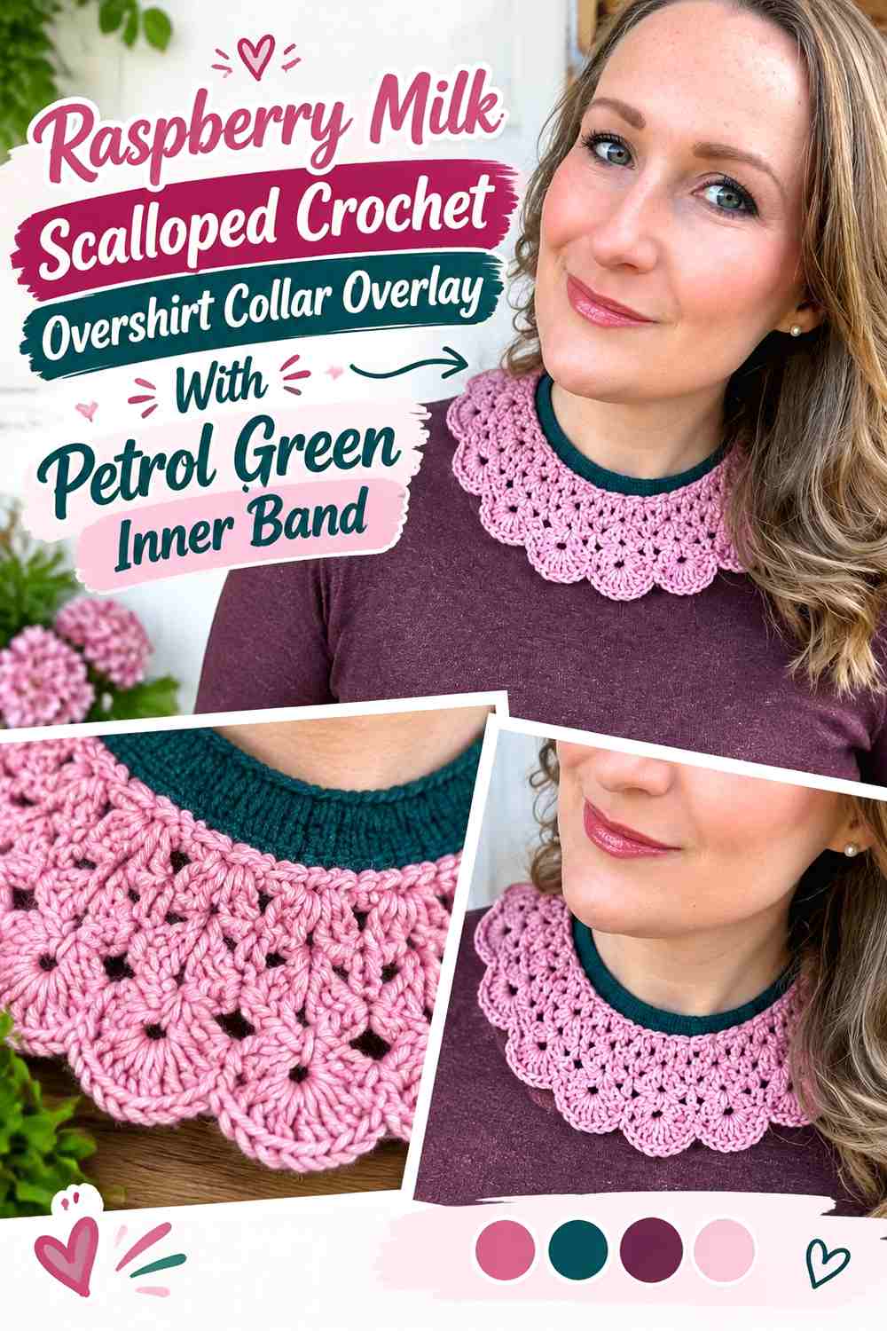 Raspberry Milk Scalloped Crochet Overshirt Collar Overlay With Petrol Green Inner Band