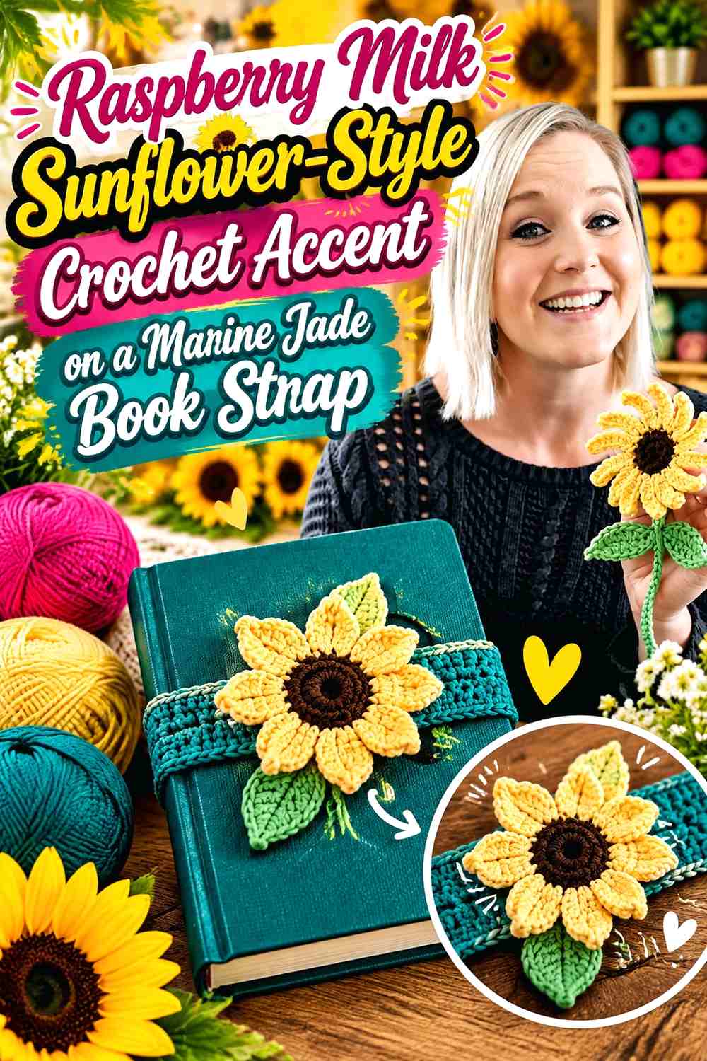 Raspberry Milk Sunflower-Style Crochet Accent on a Marine Jade Book Strap