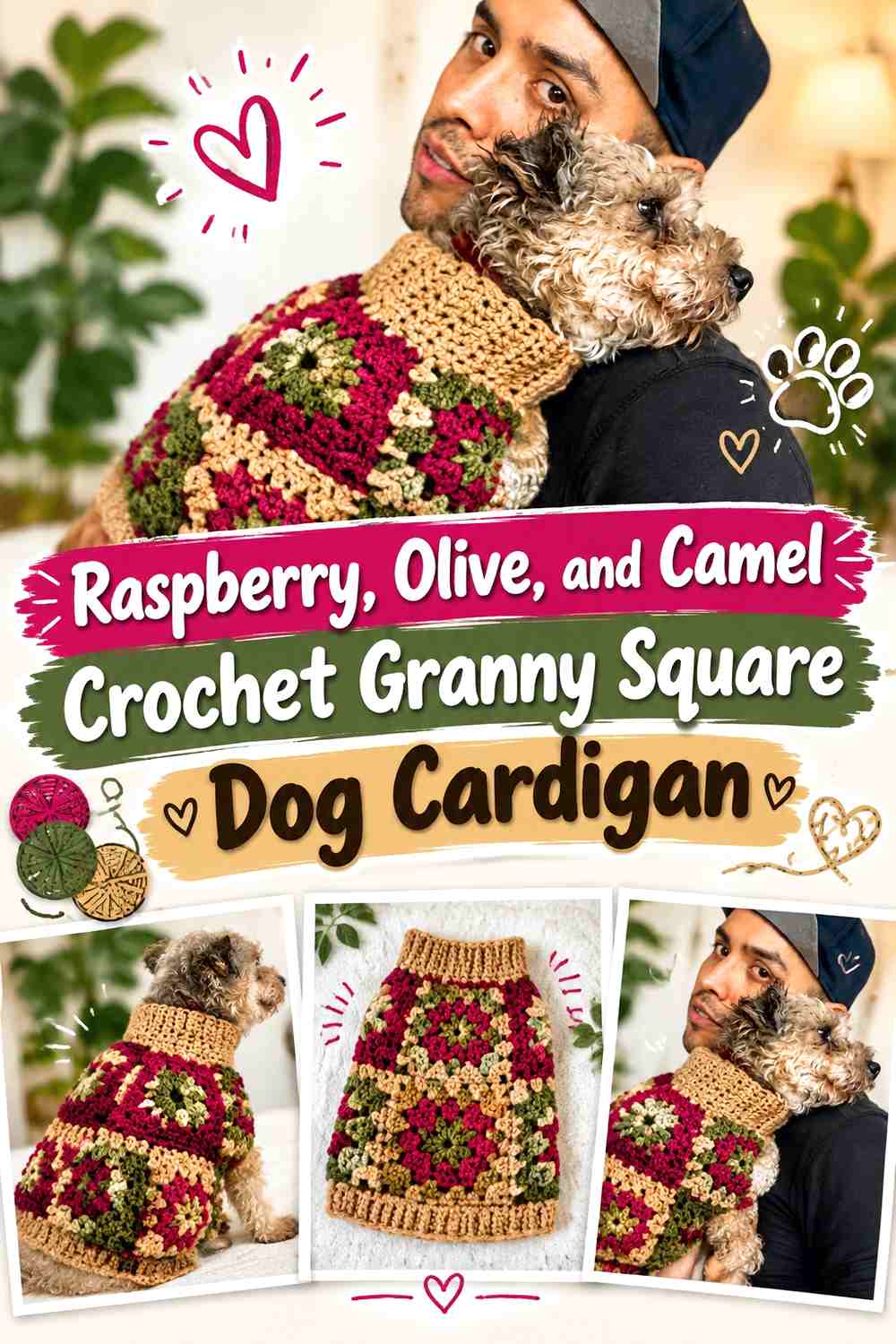 Raspberry, Olive, and Camel Crochet Granny Square Dog Cardigan