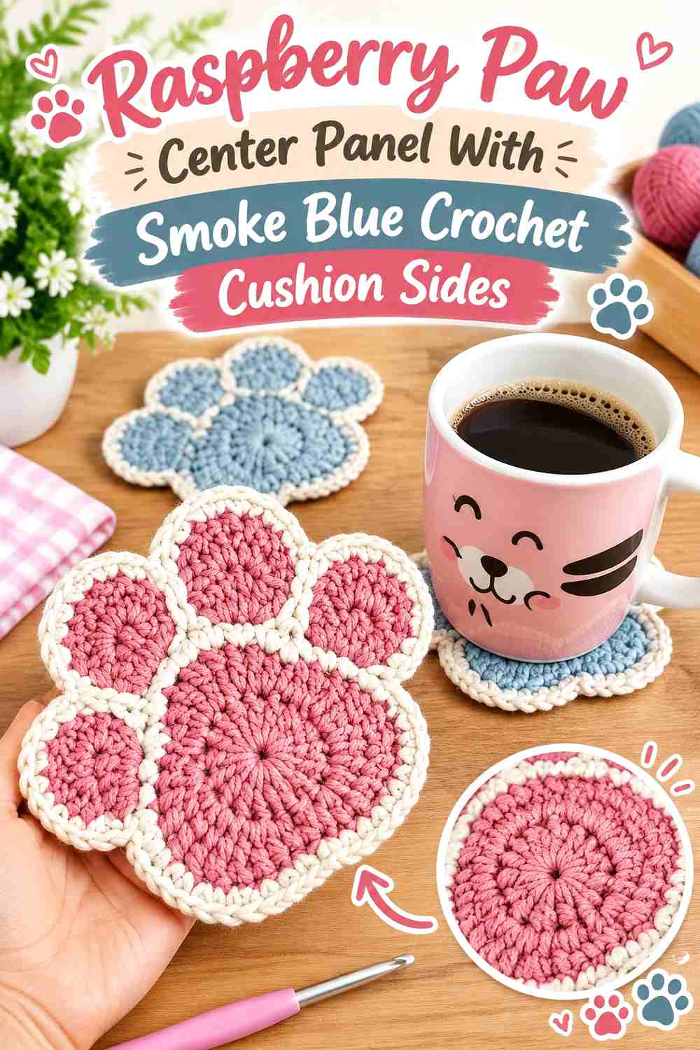 Raspberry Paw Center Panel With Smoke Blue Crochet Cushion Sides