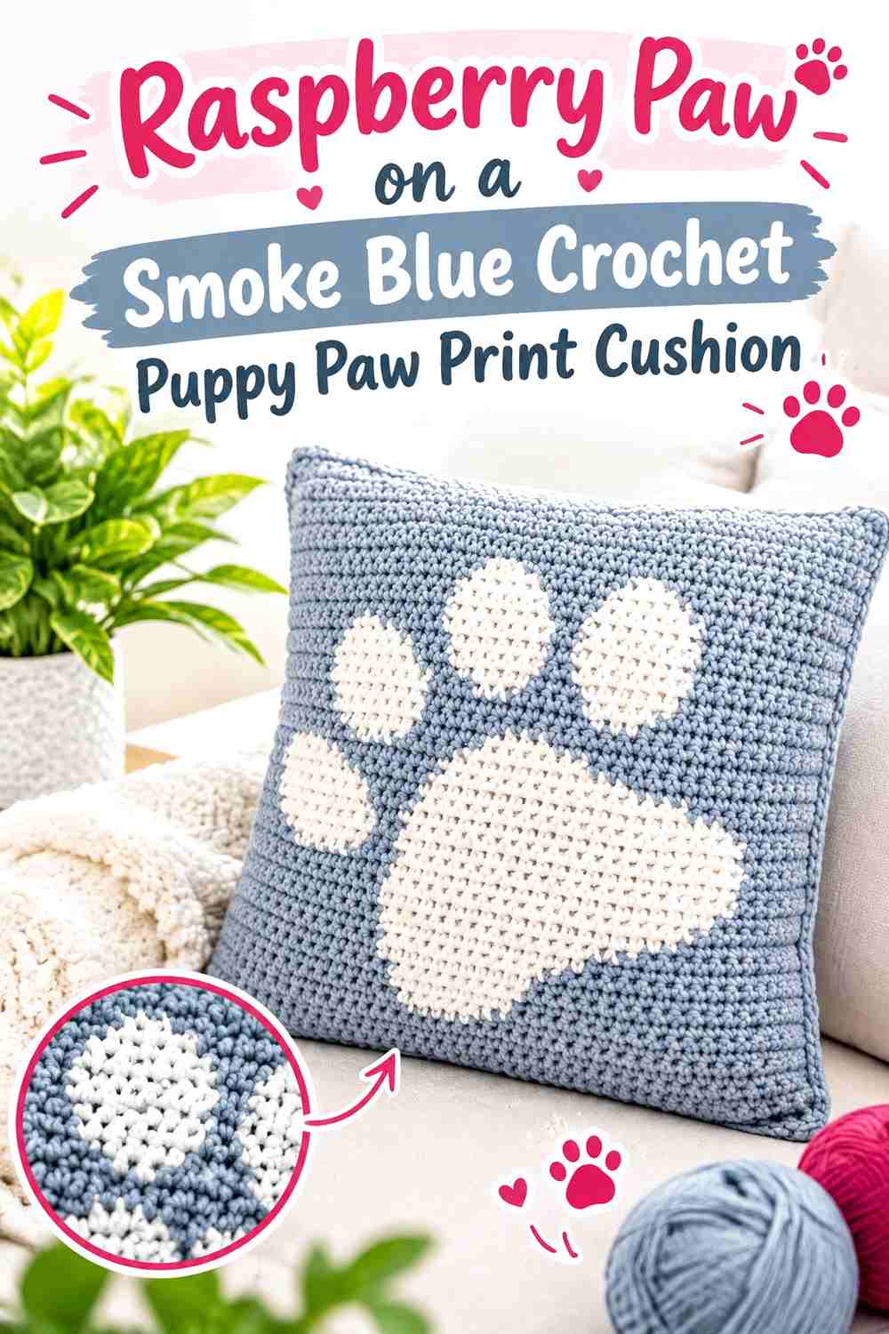 Raspberry Paw on a Smoke Blue Crochet Puppy Paw Print Cushion