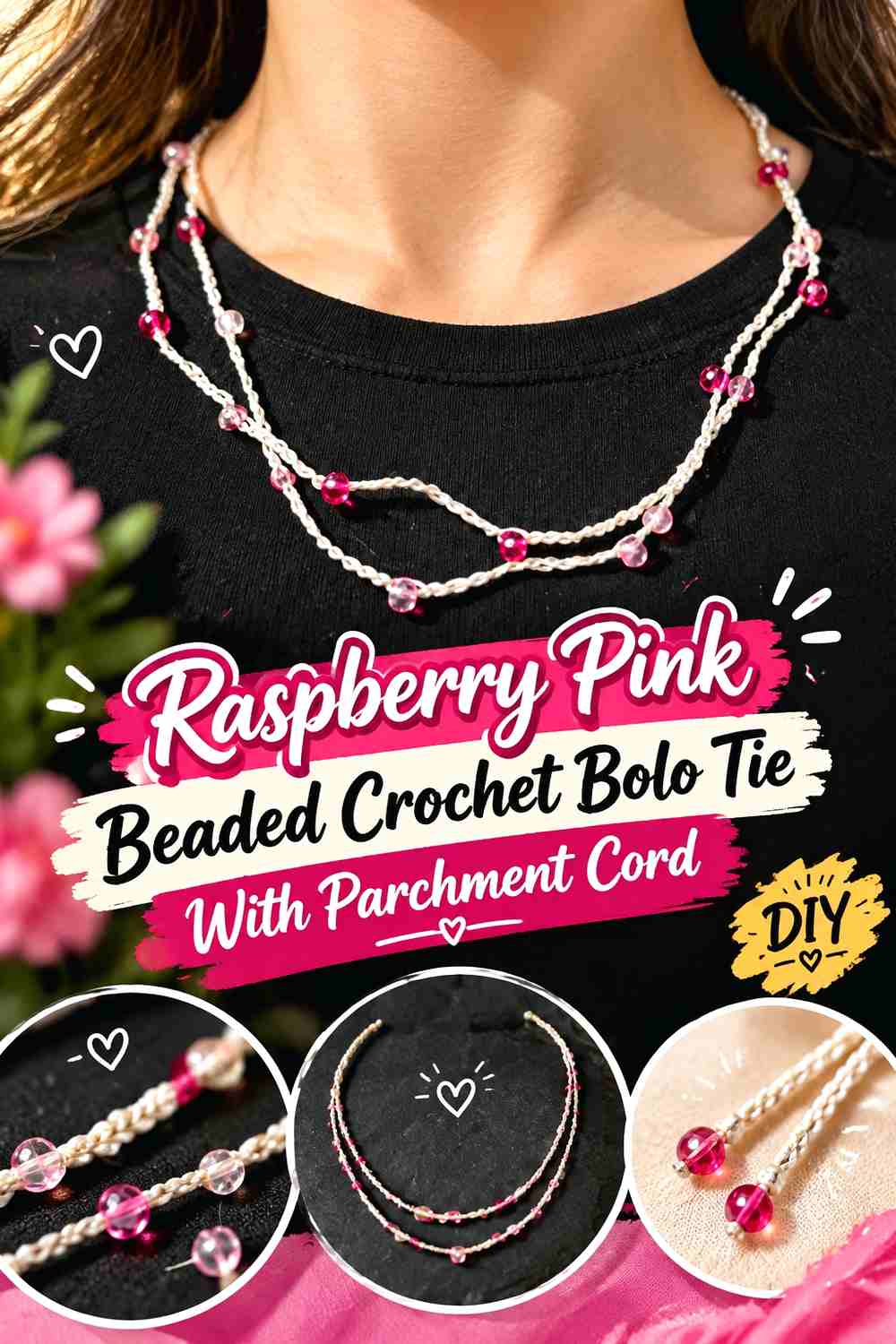 4. Raspberry Pink Beaded Crochet Bolo Tie With Parchment Cord