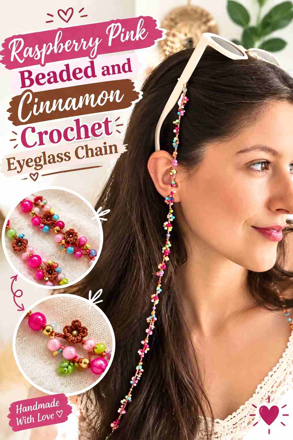 3. Raspberry Pink Beaded And Cinnamon Crochet Eyeglass Chain