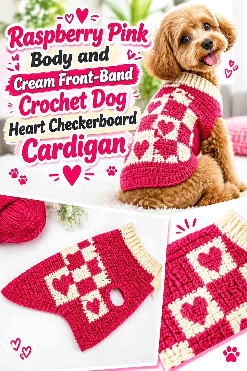 Raspberry Pink Body and Cream Front-Band Crochet Dog Heart Checkerboard Cardigan