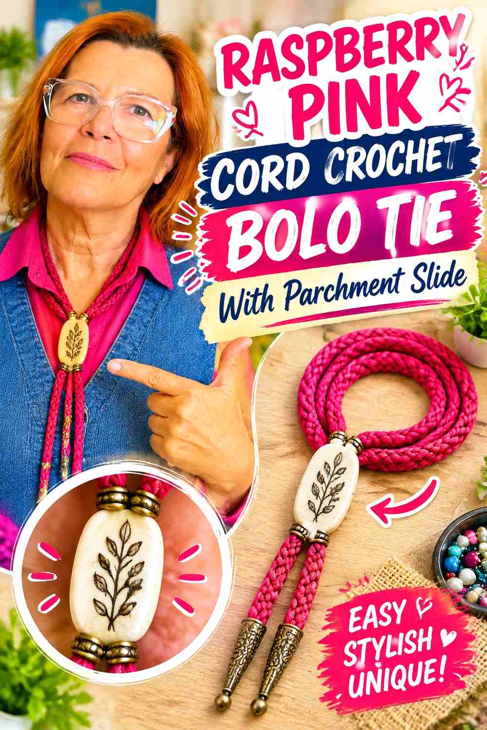 8. Raspberry Pink Cord Crochet Bolo Tie With Parchment Slide