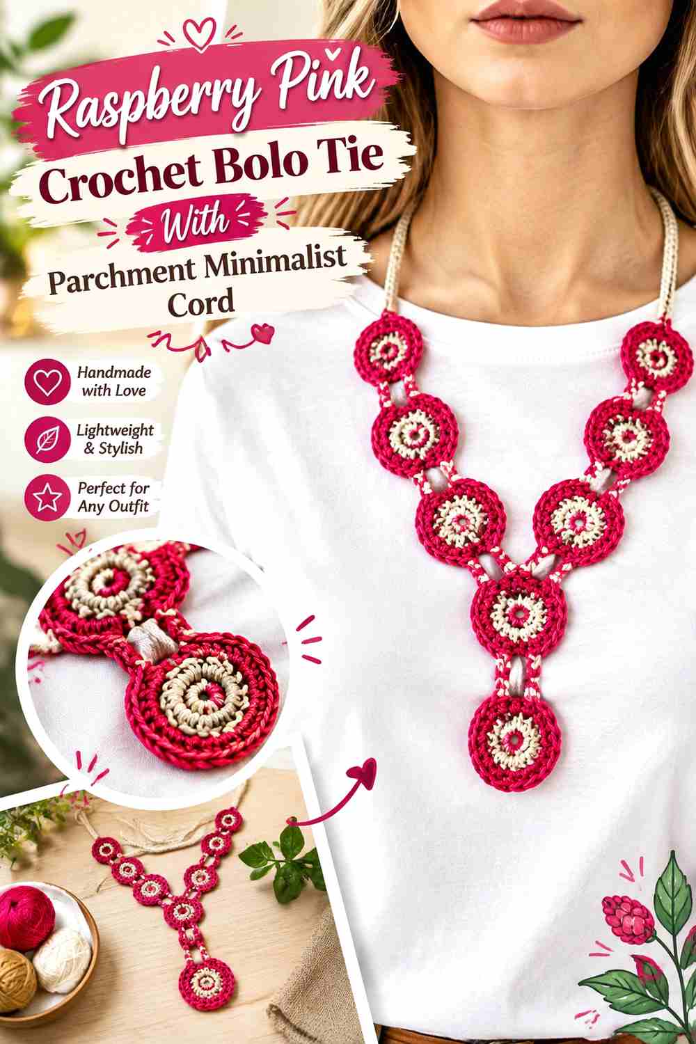 6. Raspberry Pink Crochet Bolo Tie With Parchment Minimalist Cord