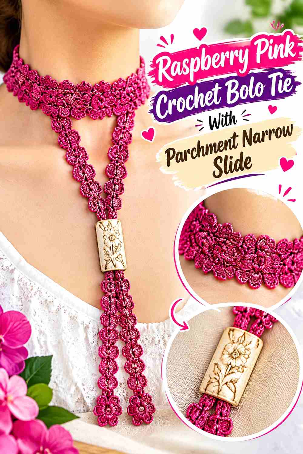 15. Raspberry Pink Crochet Bolo Tie With Parchment Narrow Slide