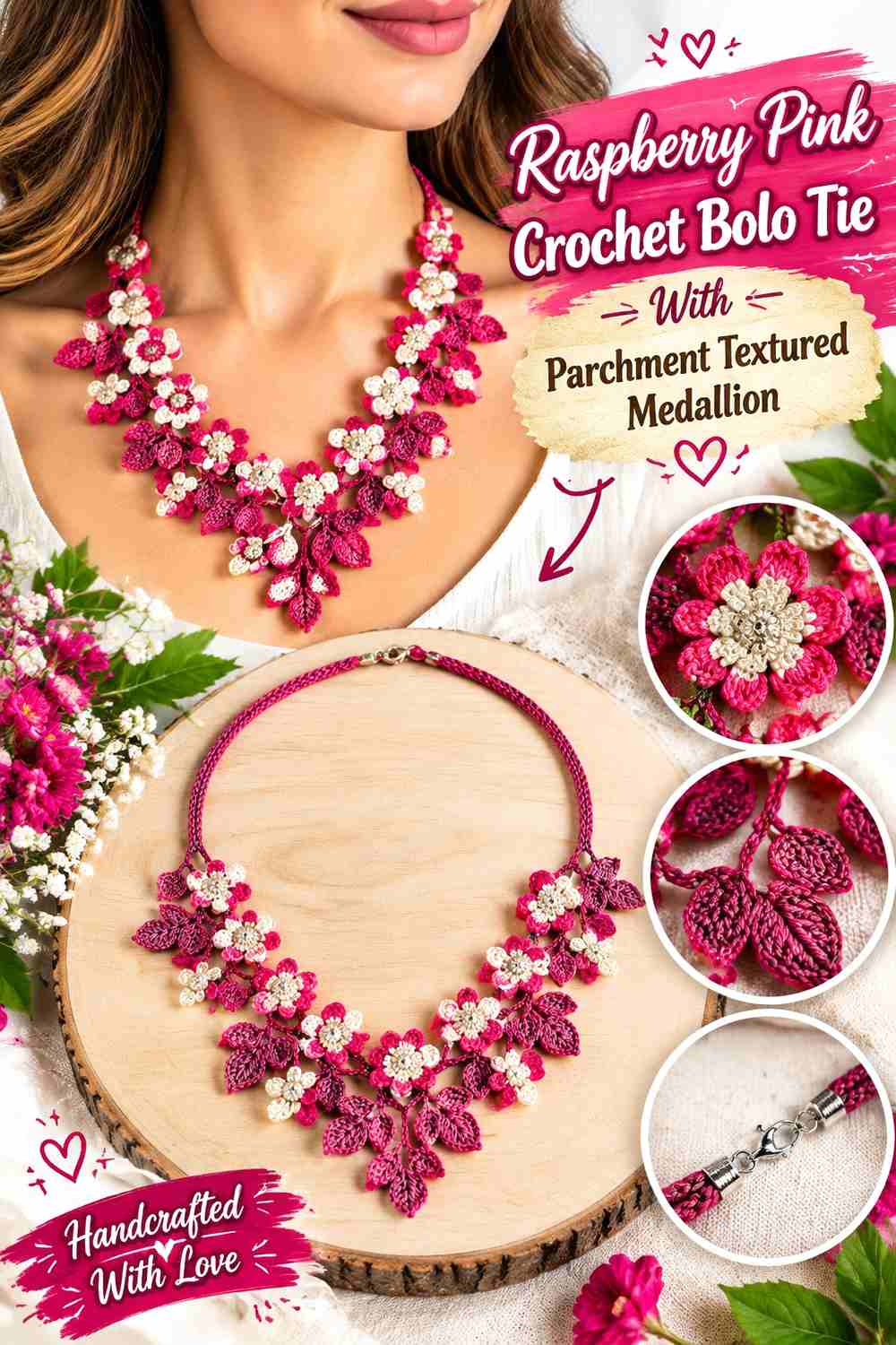 11. Raspberry Pink Crochet Bolo Tie With Parchment Textured Medallion