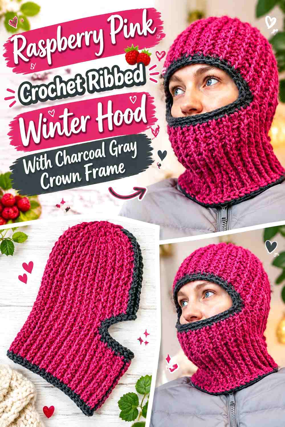 Raspberry Pink Crochet Ribbed Winter Hood With Charcoal Gray Crown Frame