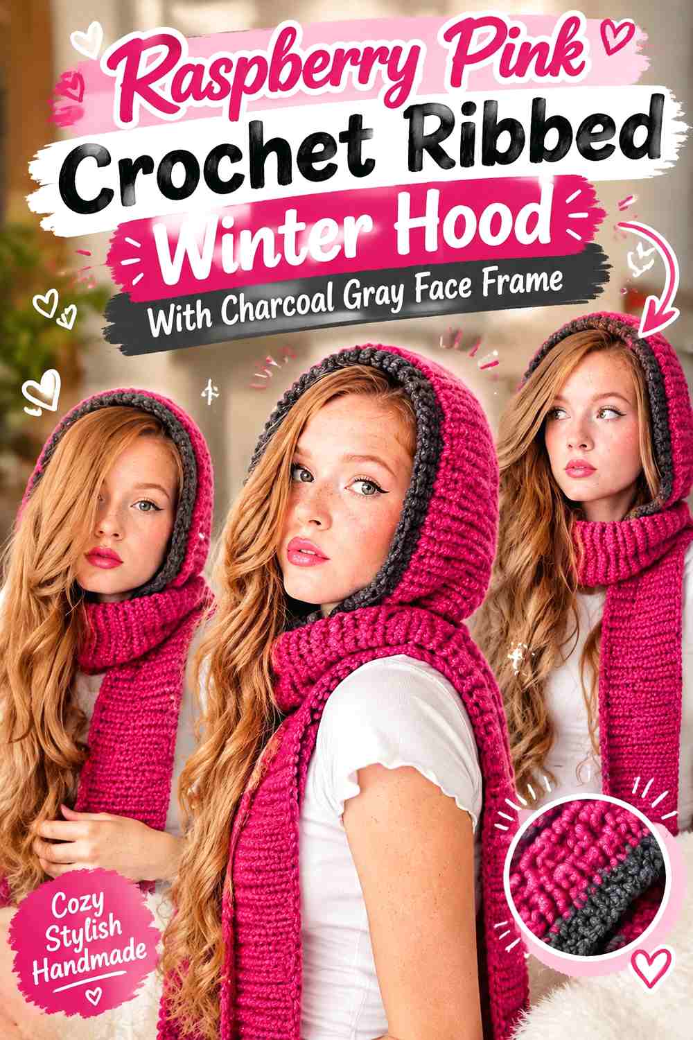Raspberry Pink Crochet Ribbed Winter Hood With Charcoal Gray Face Frame
