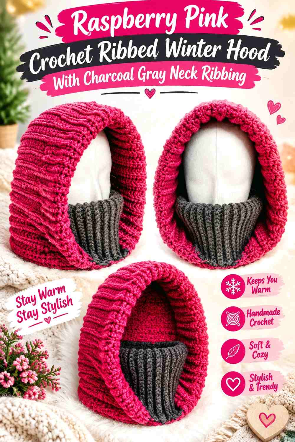 Raspberry Pink Crochet Ribbed Winter Hood With Charcoal Gray Neck Ribbing