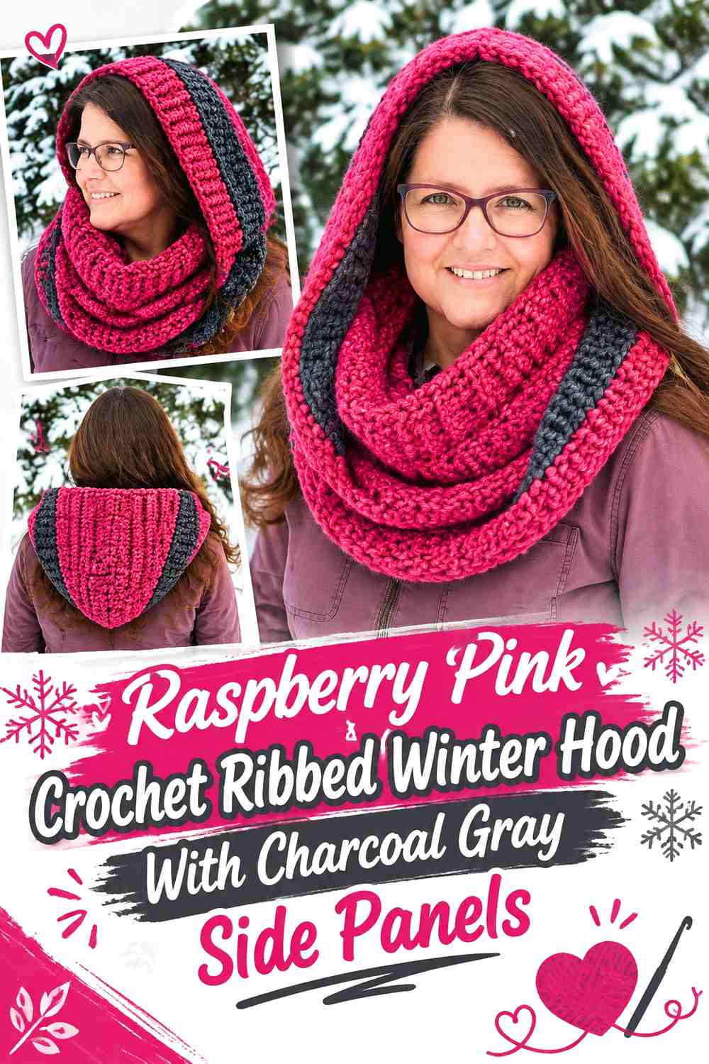 Raspberry Pink Crochet Ribbed Winter Hood With Charcoal Gray Side Panels