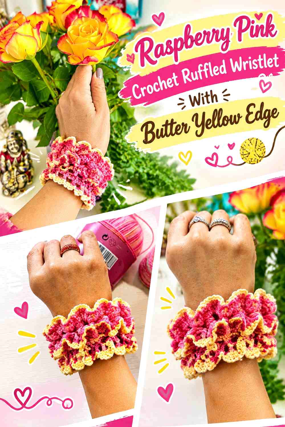 Raspberry Pink Crochet Ruffled Wristlet With Butter Yellow Edge