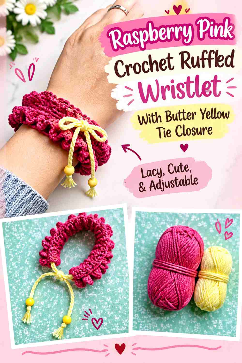 Raspberry Pink Crochet Ruffled Wristlet With Butter Yellow Tie Closure