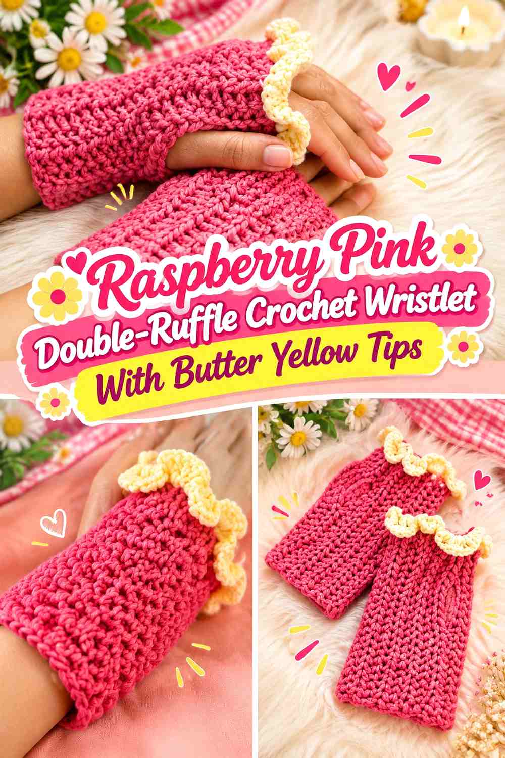 Raspberry Pink Double-Ruffle Crochet Wristlet With Butter Yellow Tips