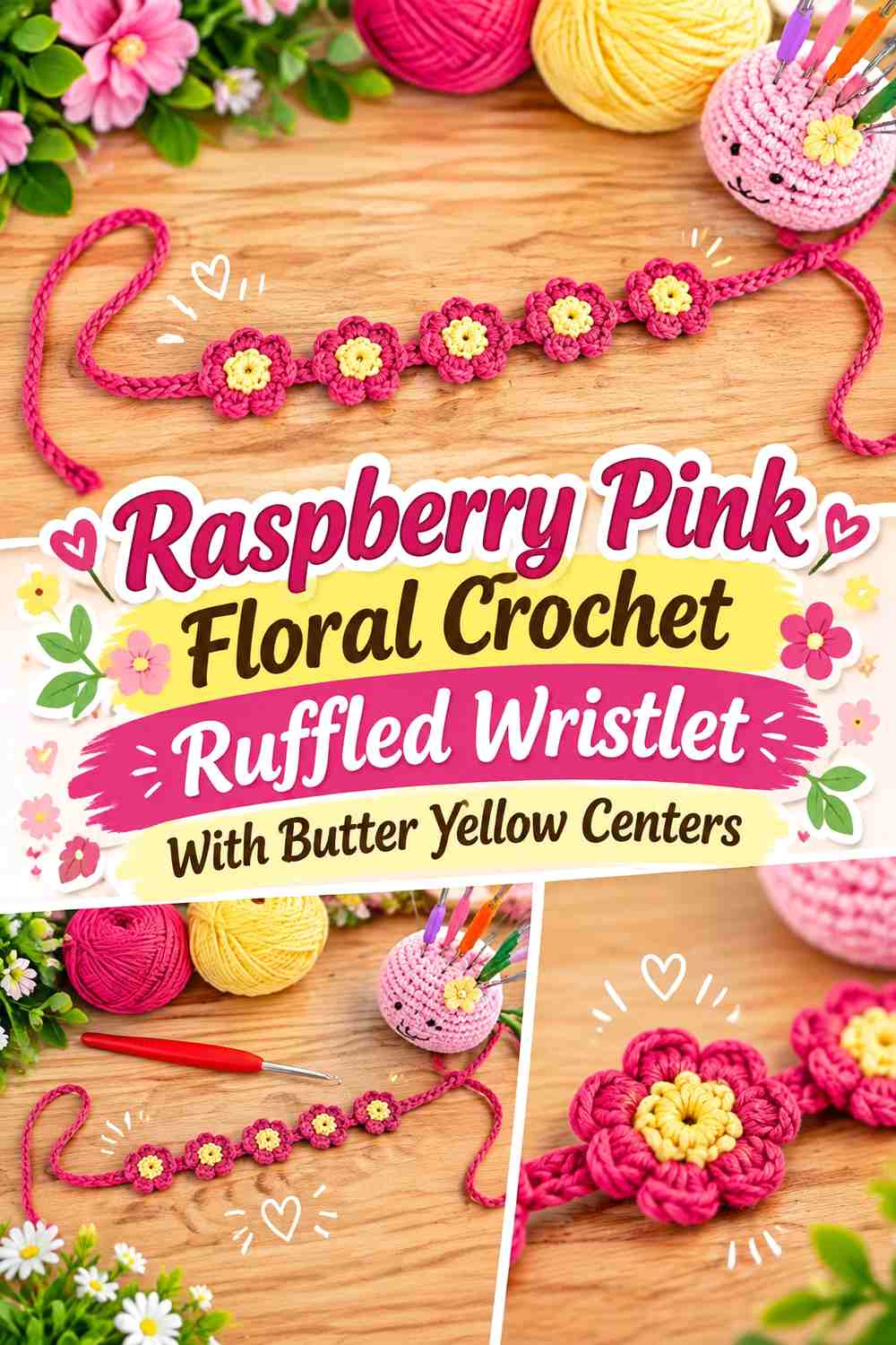 Raspberry Pink Floral Crochet Ruffled Wristlet With Butter Yellow Centers