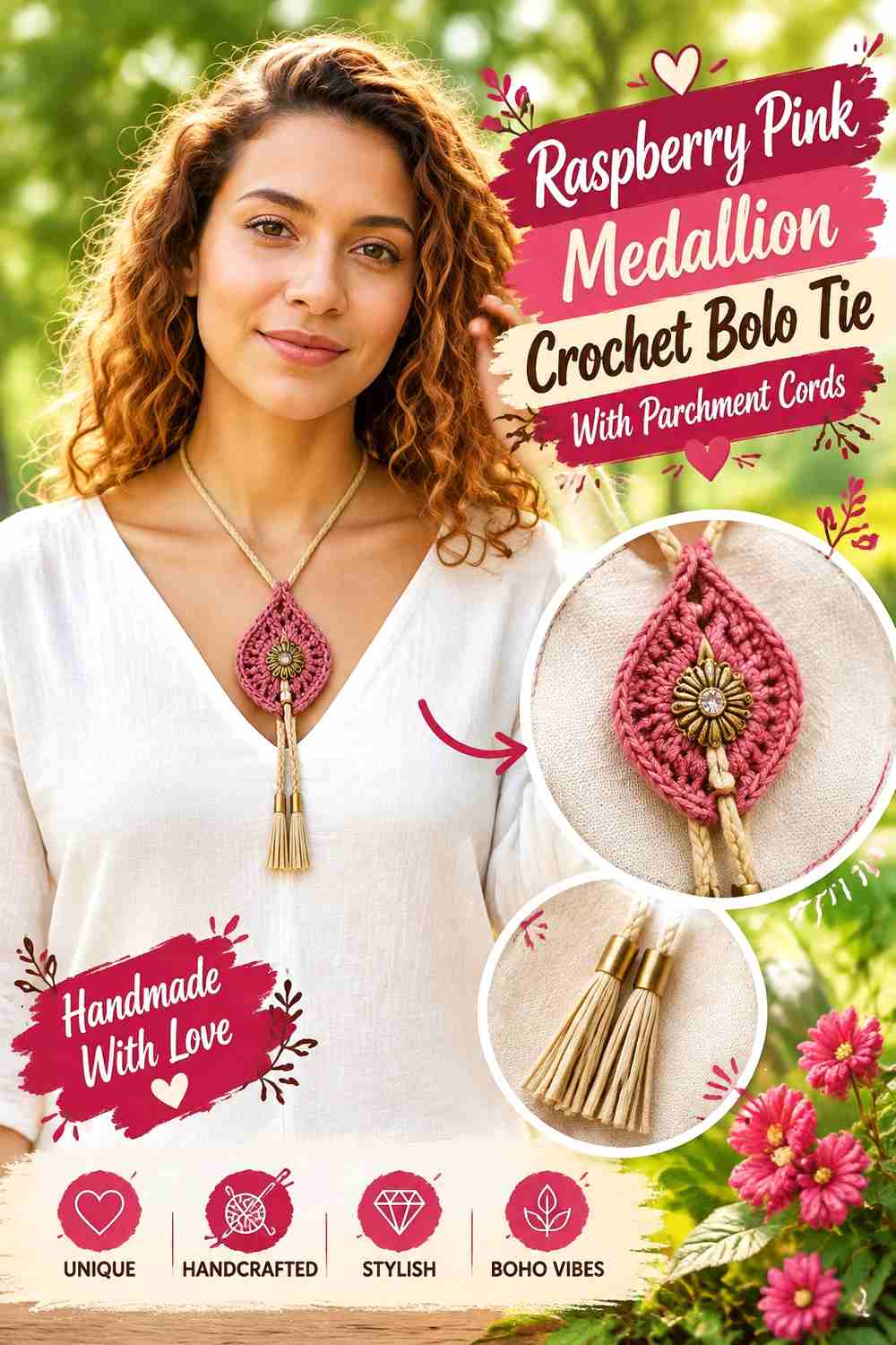 1. Raspberry Pink Medallion Crochet Bolo Tie With Parchment Cords