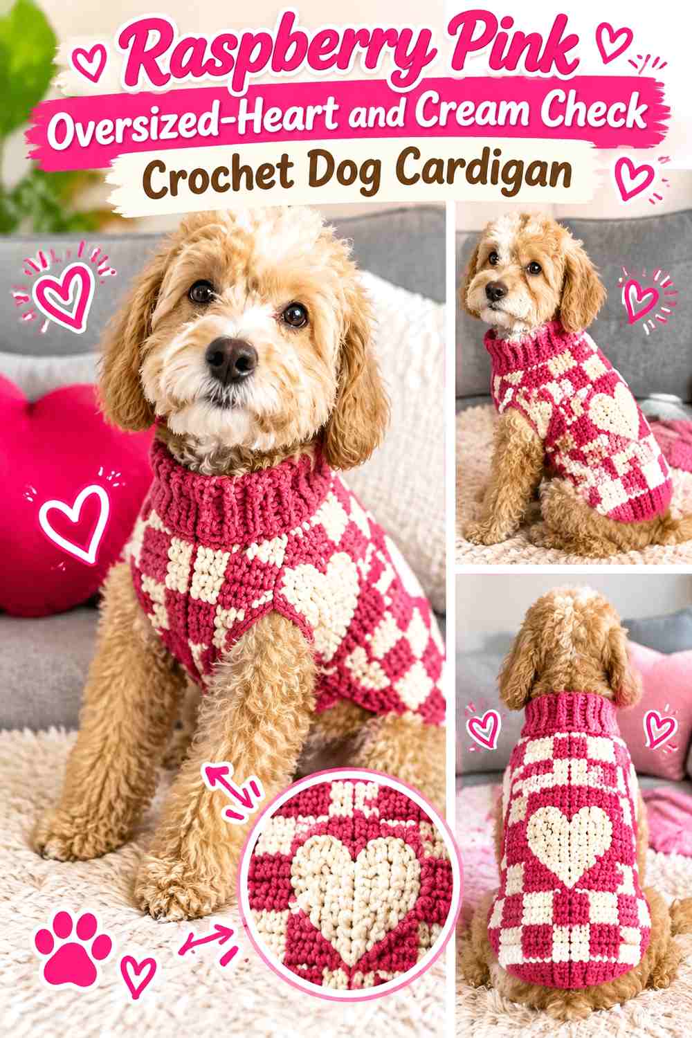 Raspberry Pink Oversized-Heart and Cream Check Crochet Dog Cardigan