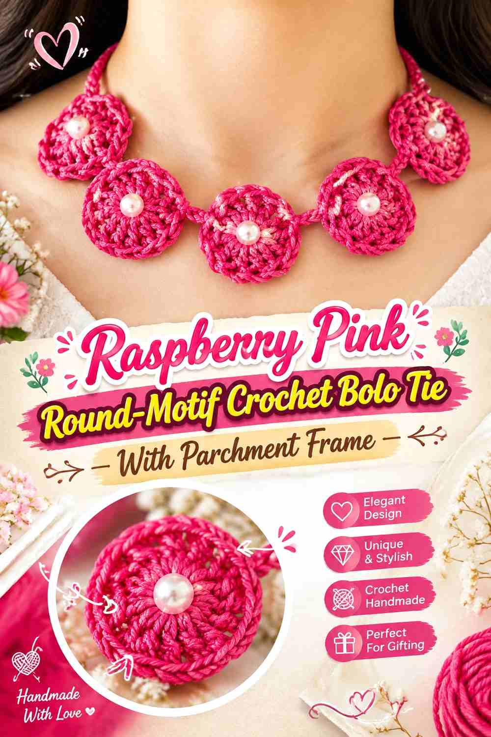 10. Raspberry Pink Round Motif Crochet Bolo Tie With Parchment Frame