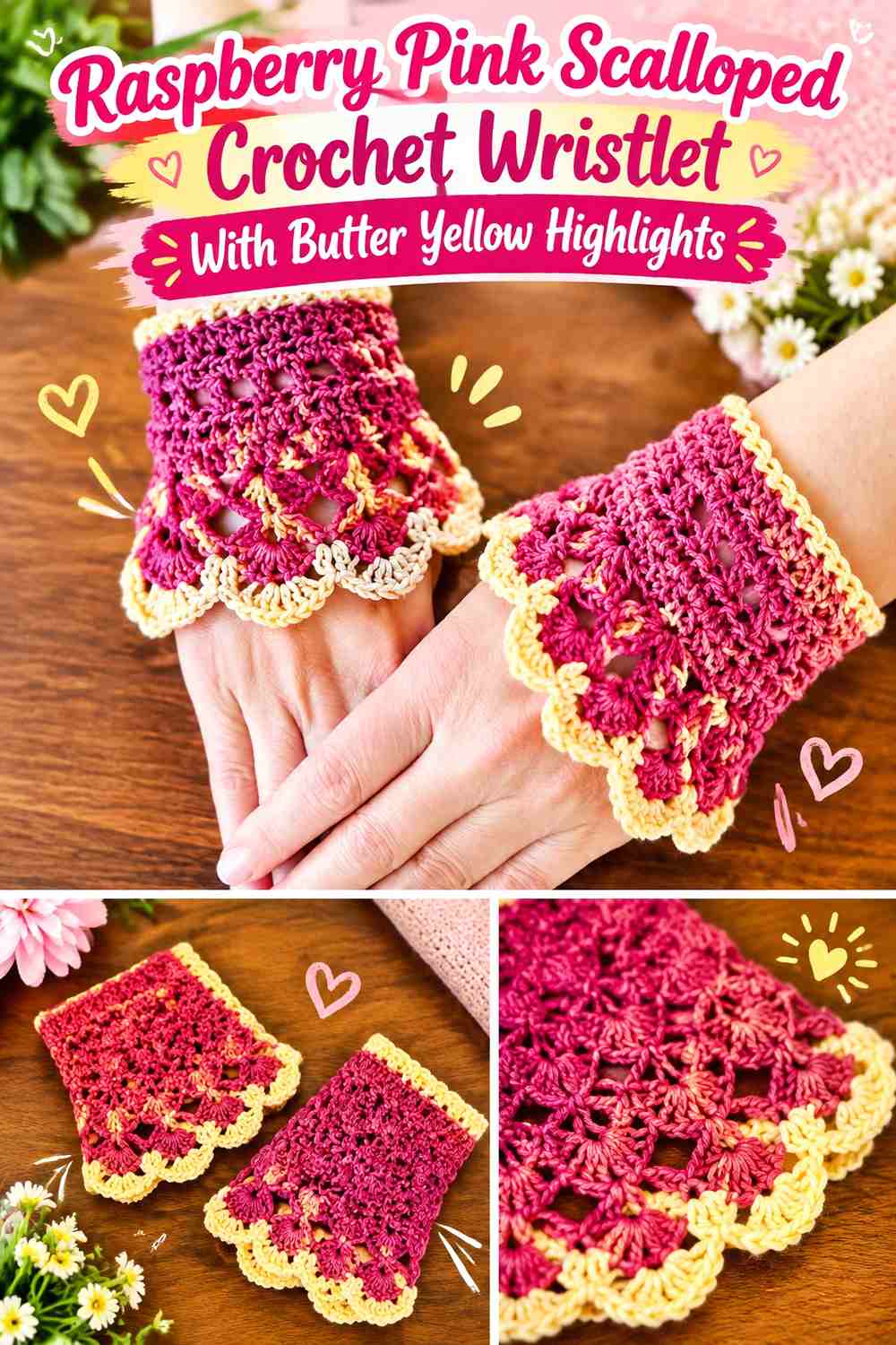 Raspberry Pink Scalloped Crochet Wristlet With Butter Yellow Highlights