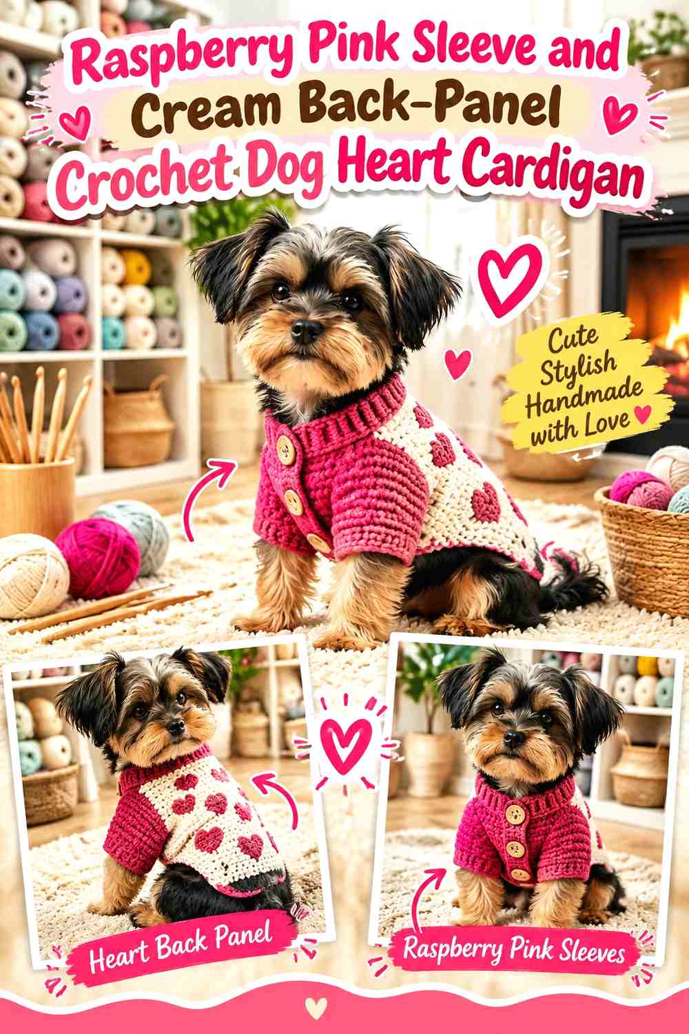 Raspberry Pink Sleeve and Cream Back-Panel Crochet Dog Heart Cardigan