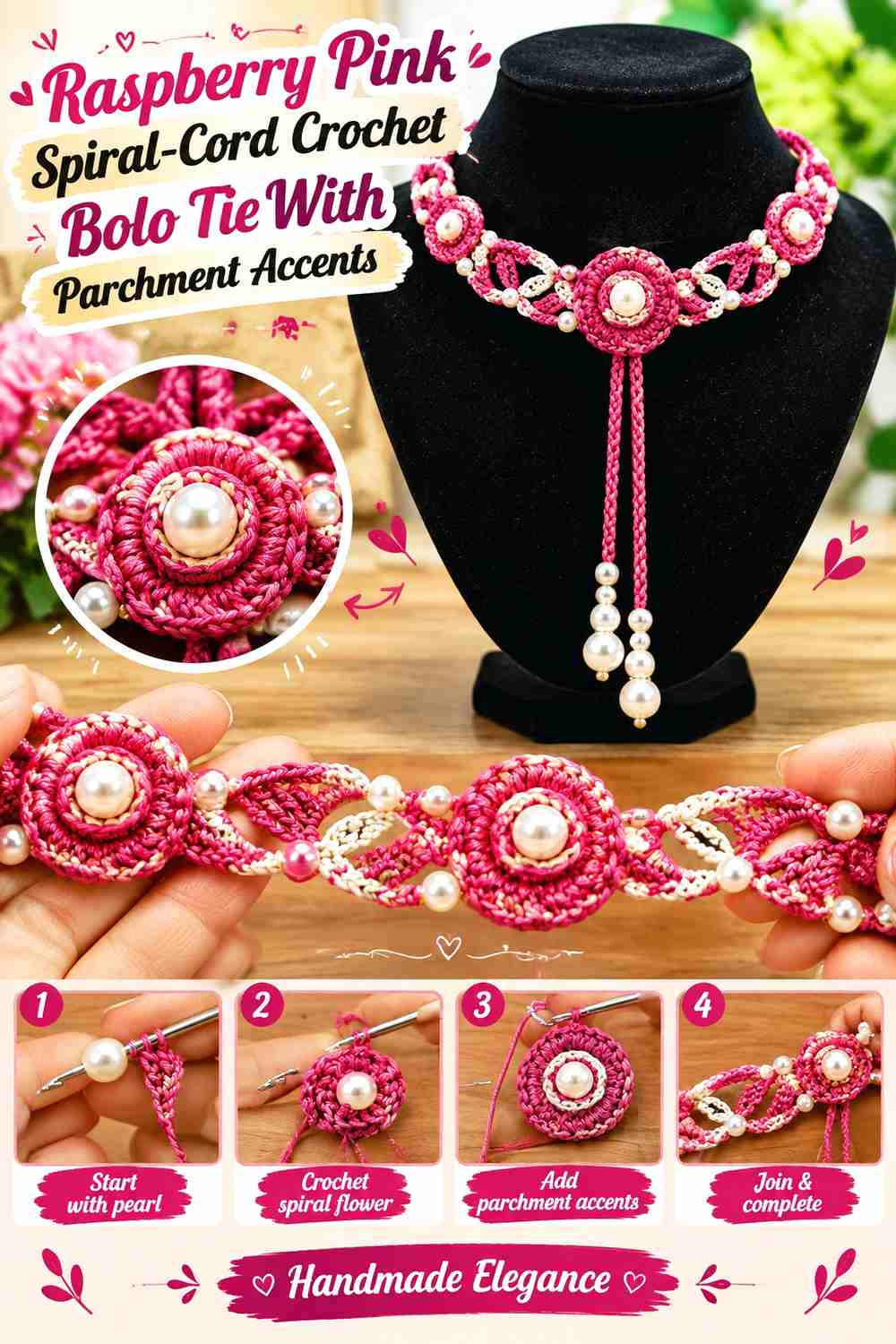 13. Raspberry Pink Spiral Cord Crochet Bolo Tie With Parchment Accents