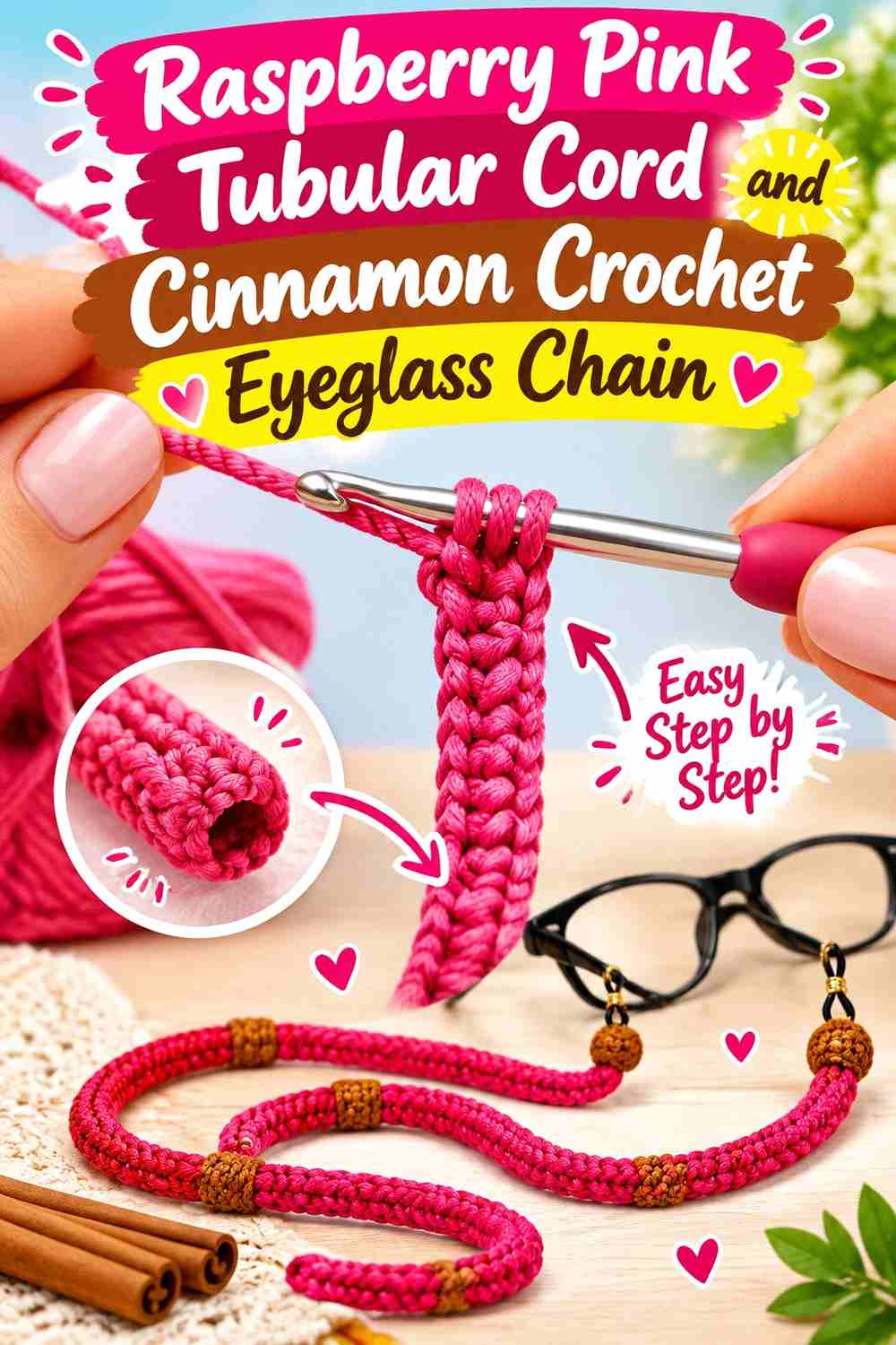 8. Raspberry Pink Tubular Cord And Cinnamon Crochet Eyeglass Chain