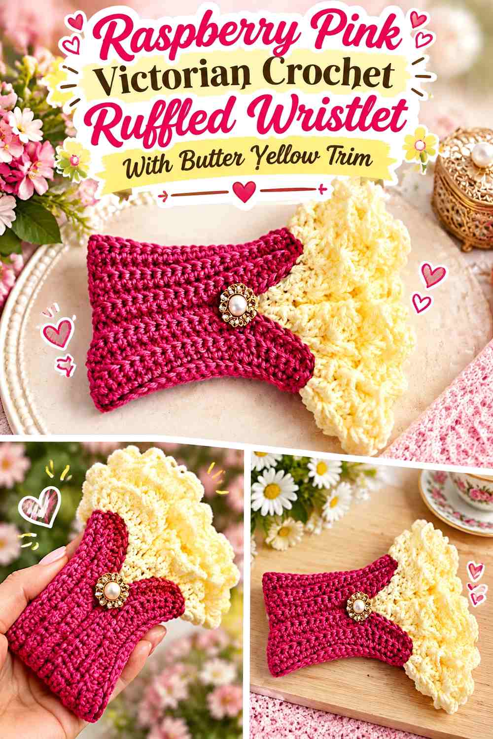 Raspberry Pink Victorian Crochet Ruffled Wristlet With Butter Yellow Trim