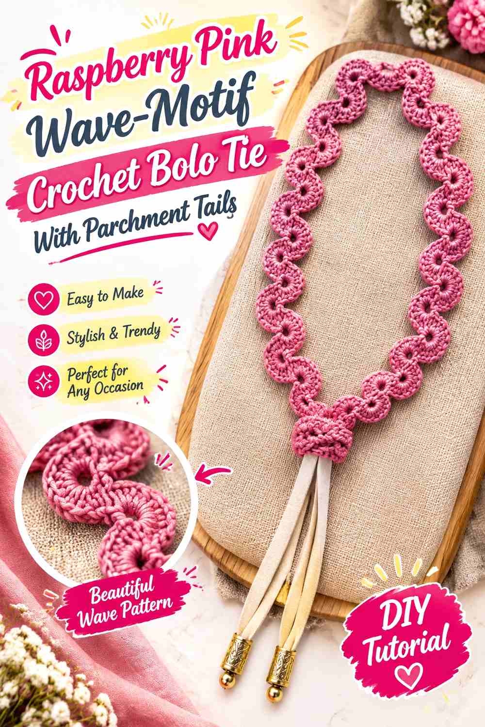 3. Raspberry Pink Wave Motif Crochet Bolo Tie With Parchment Tails