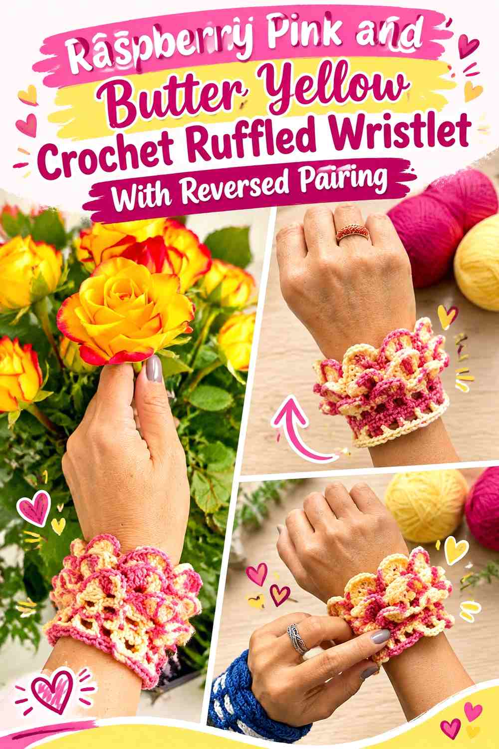 Raspberry Pink and Butter Yellow Crochet Ruffled Wristlet With Reversed Pairing