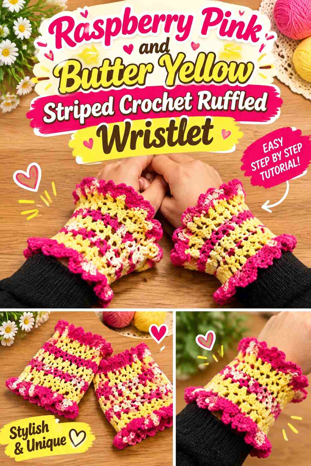 Raspberry Pink and Butter Yellow Striped Crochet Ruffled Wristlet