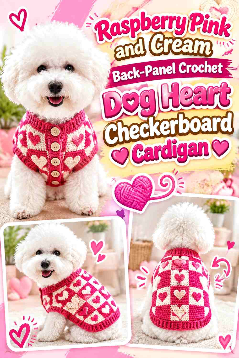 Raspberry Pink and Cream Back-Panel Crochet Dog Heart Checkerboard Cardigan
