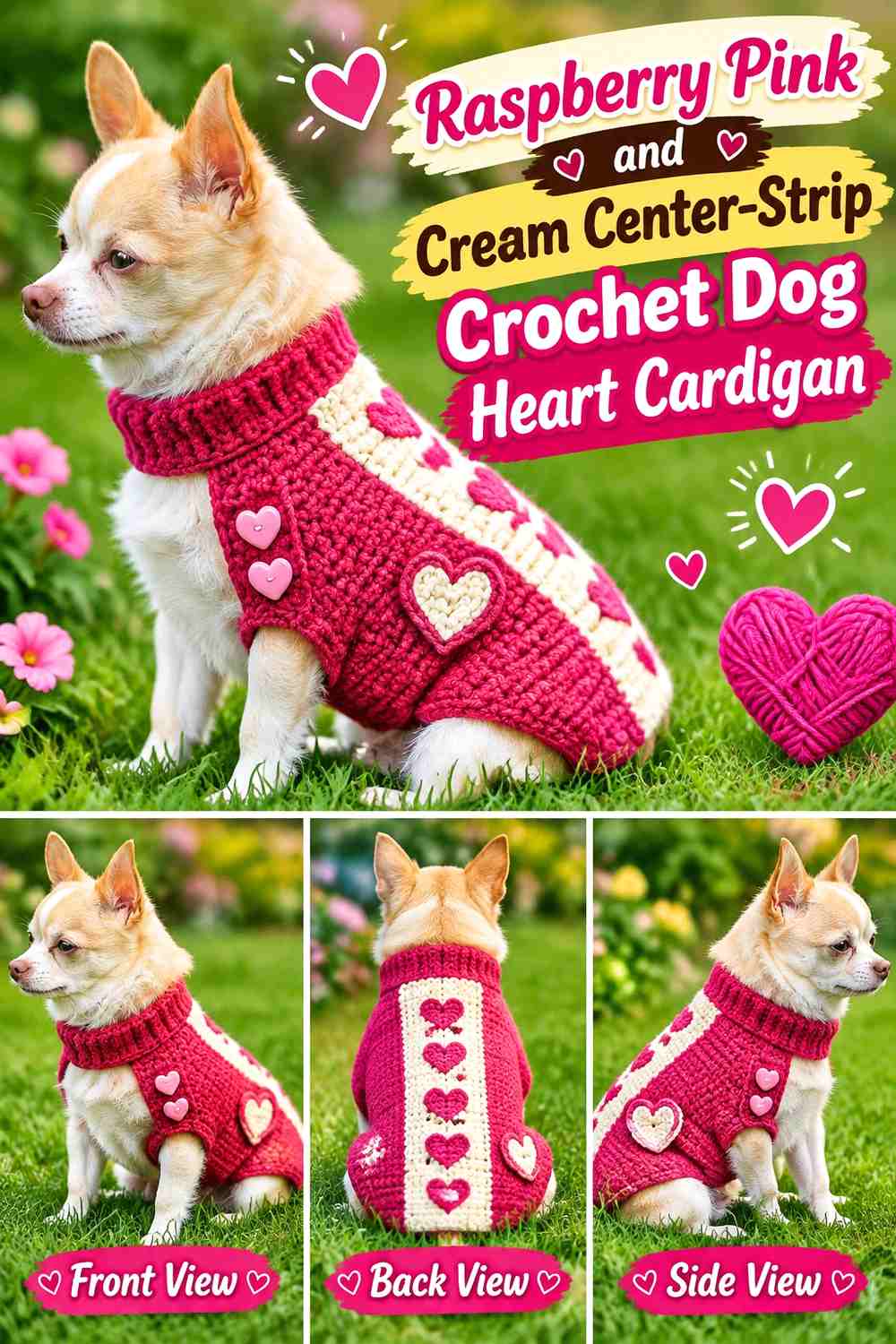 Raspberry Pink and Cream Center-Strip Crochet Dog Heart Cardigan