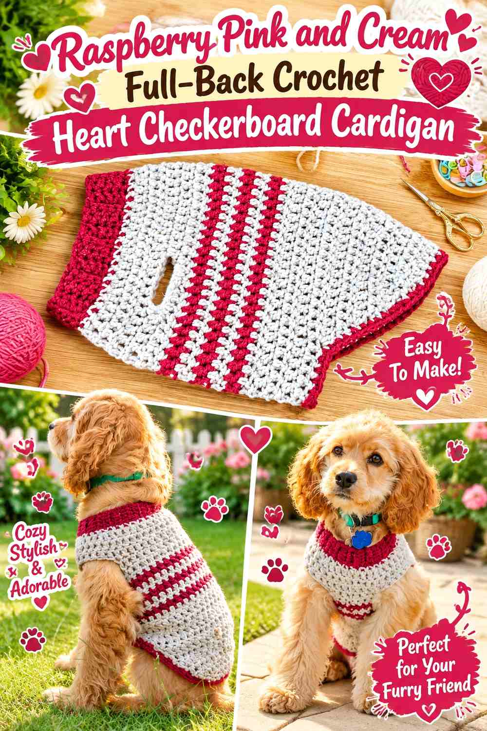 Raspberry Pink and Cream Full-Back Crochet Heart Checkerboard Cardigan