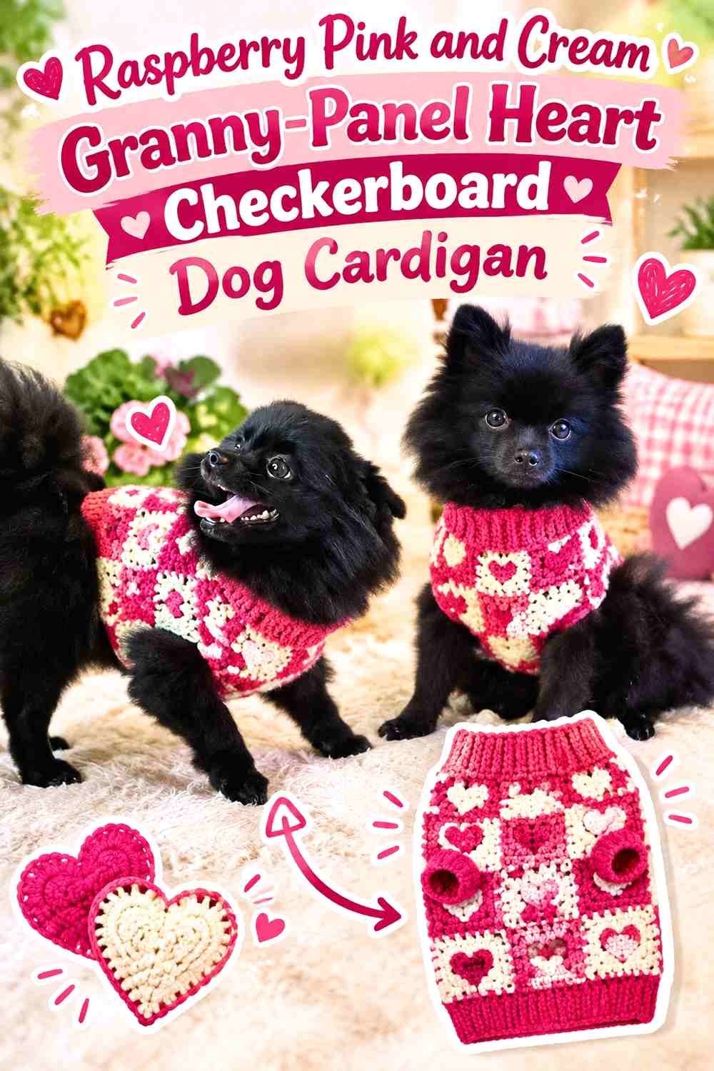 Raspberry Pink and Cream Granny-Panel Heart Checkerboard Dog Cardigan