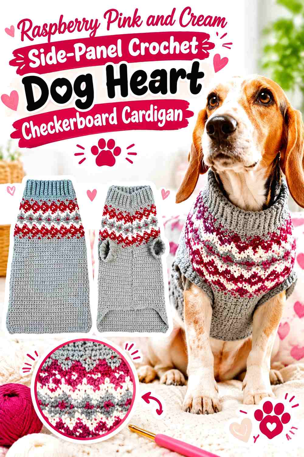 Raspberry Pink and Cream Side-Panel Crochet Dog Heart Checkerboard Cardigan