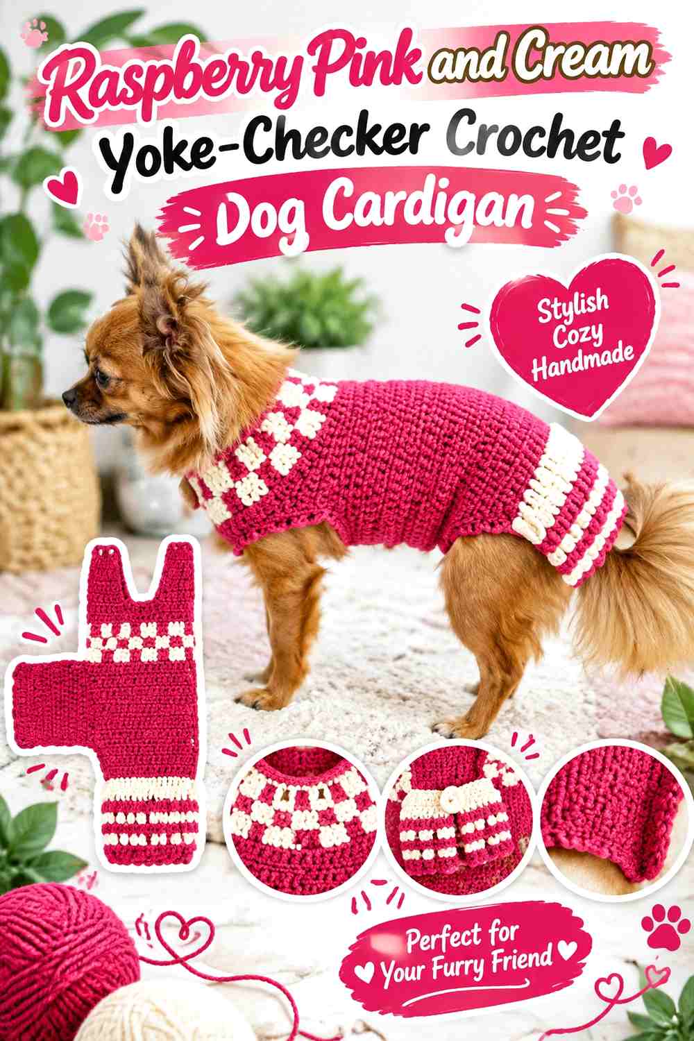 Raspberry Pink and Cream Yoke-Checker Crochet Dog Cardigan