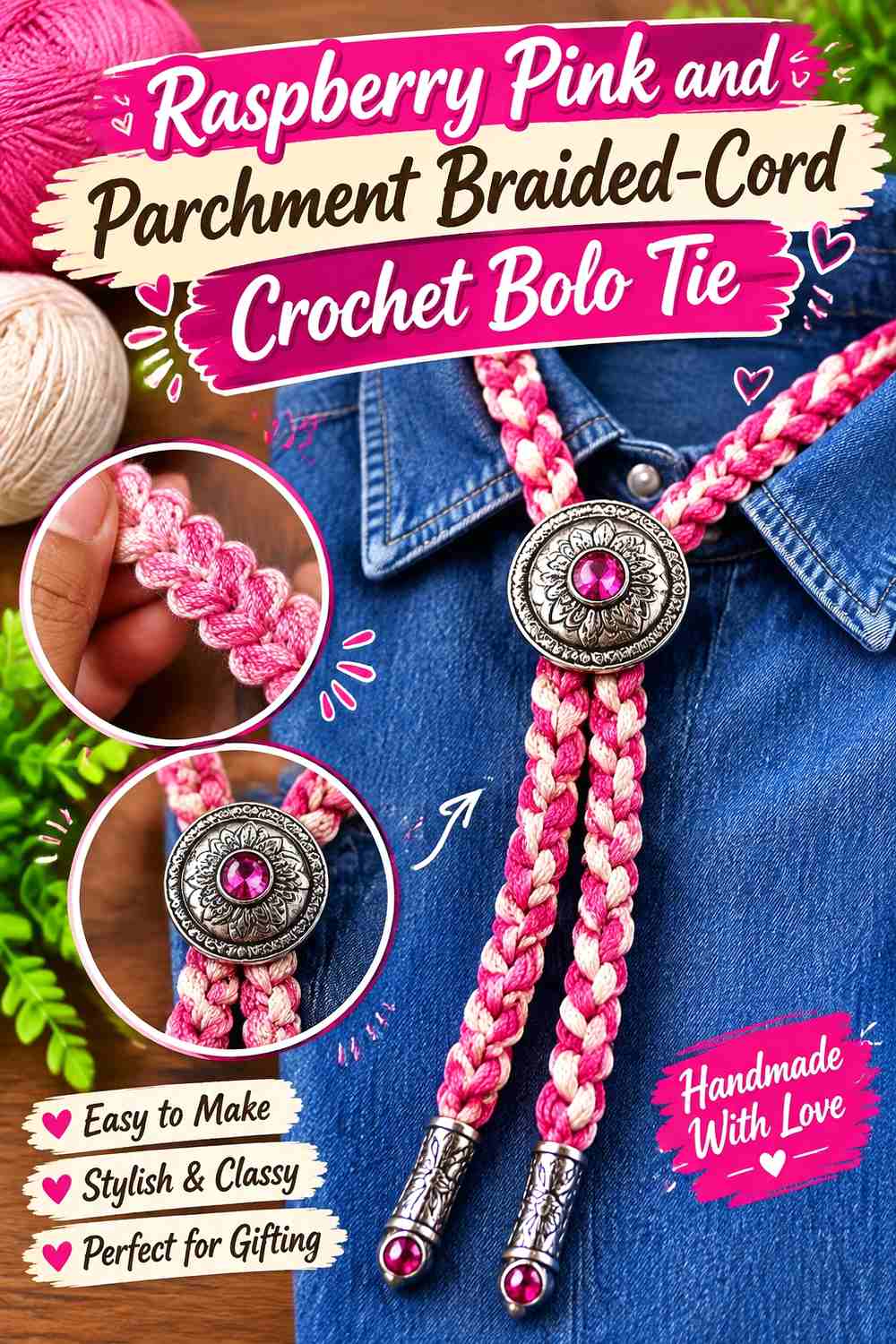 17. Raspberry Pink And Parchment Braided Cord Crochet Bolo Tie