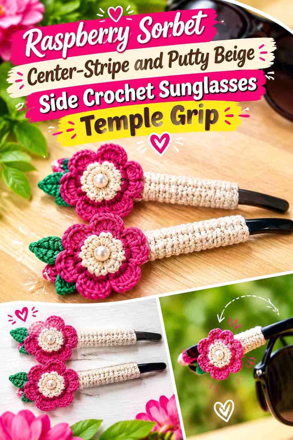 Raspberry Sorbet Center Stripe and Putty Beige Side Crochet Sunglasses Temple Grip