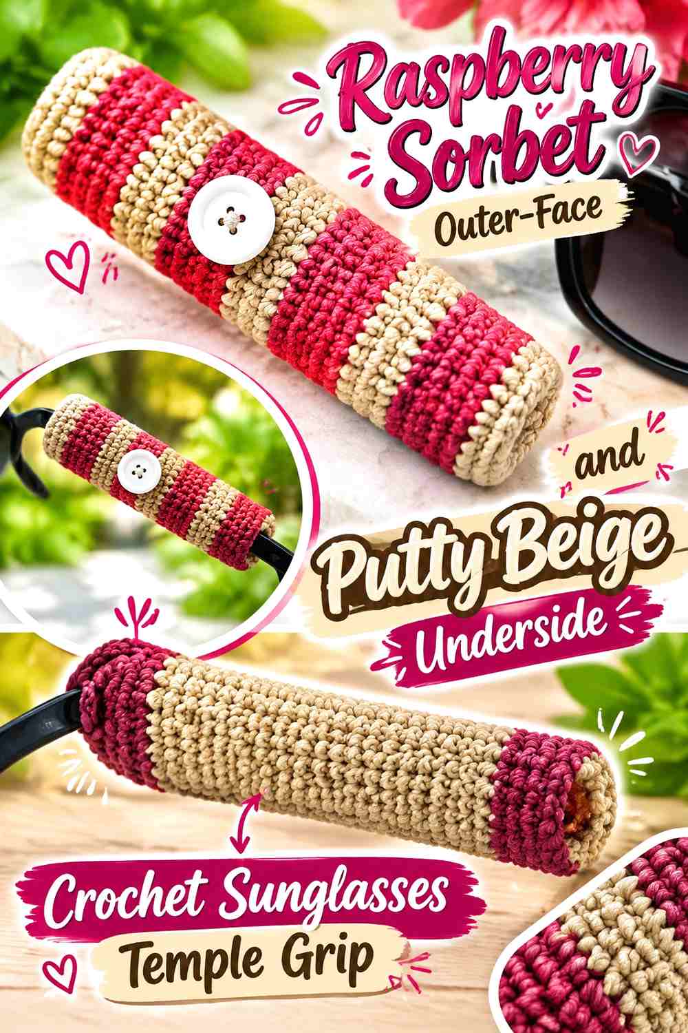 Raspberry Sorbet Outer Face and Putty Beige Underside Crochet Sunglasses Temple Grip
